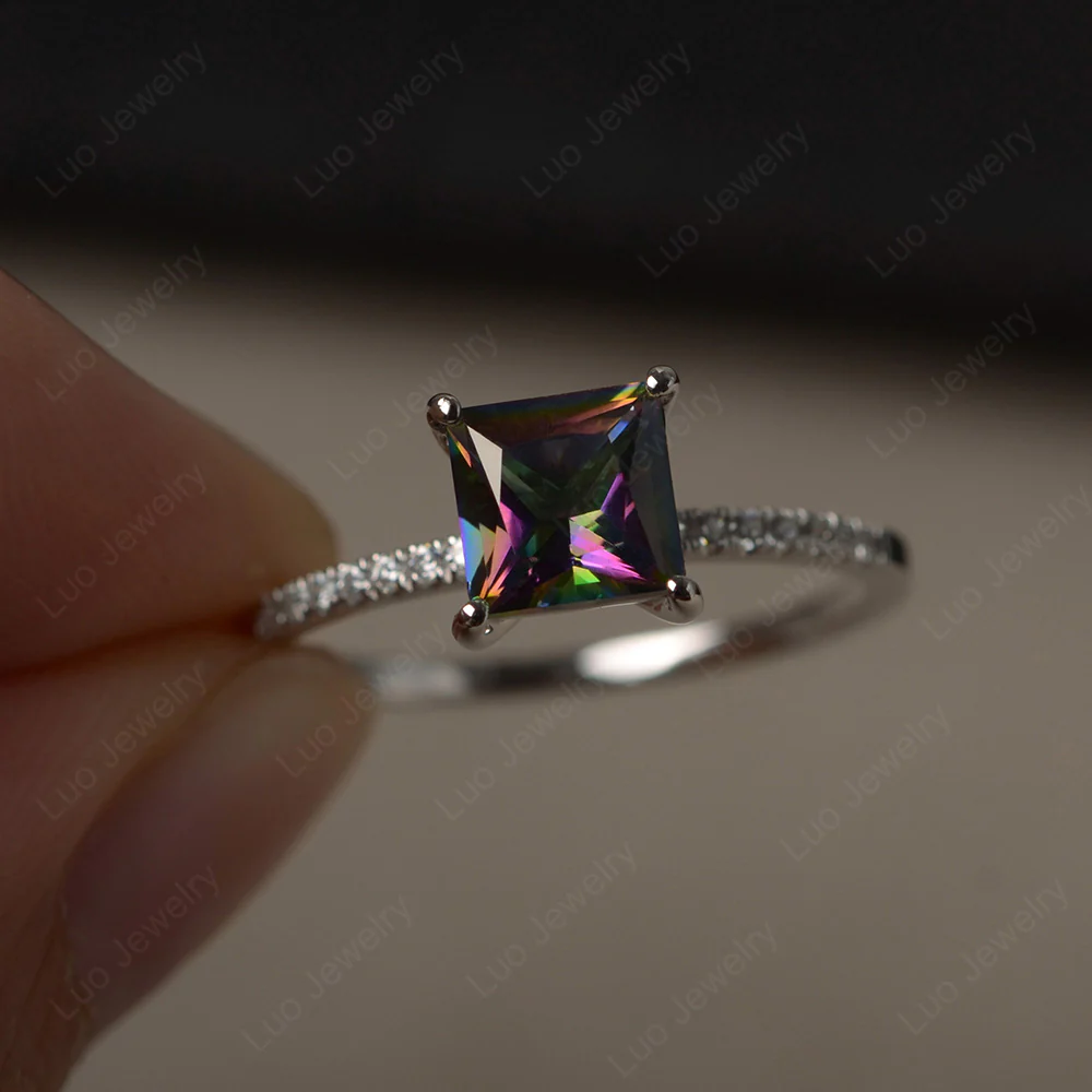 Princess Cut Mystic Topaz Ring with Thin Band