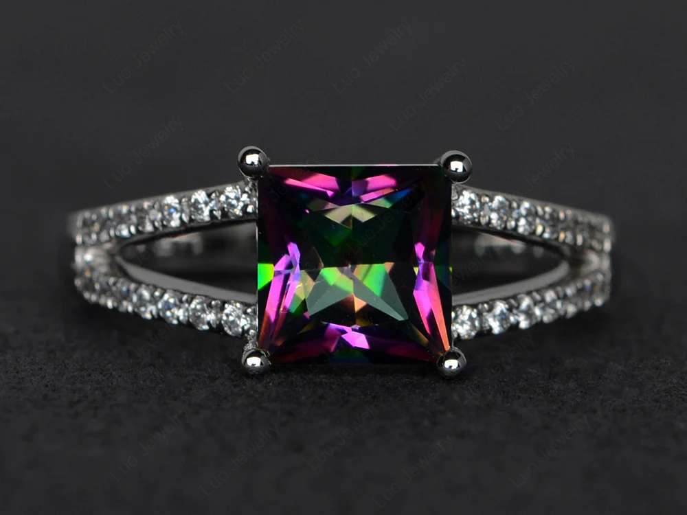Princess Cut Mystic Topaz Split Shank Ring