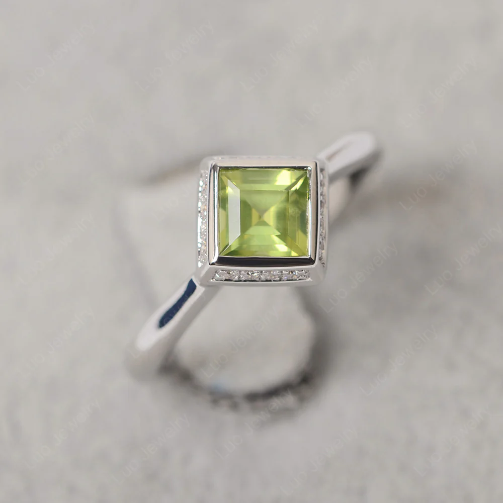 Peridot Bezel Halo Engagement Ring