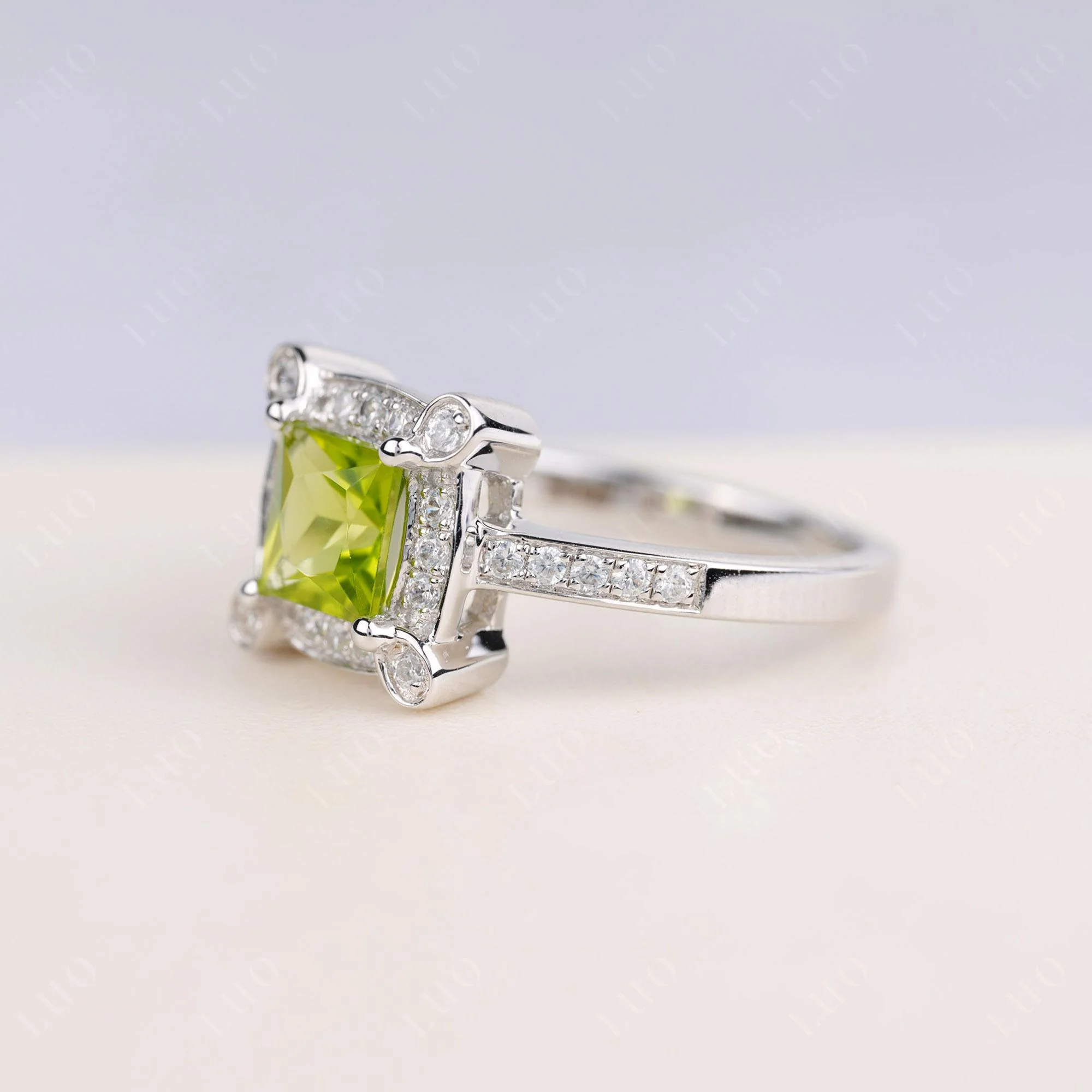 Princess Cut Peridot Halo Statement Ring - Image 2