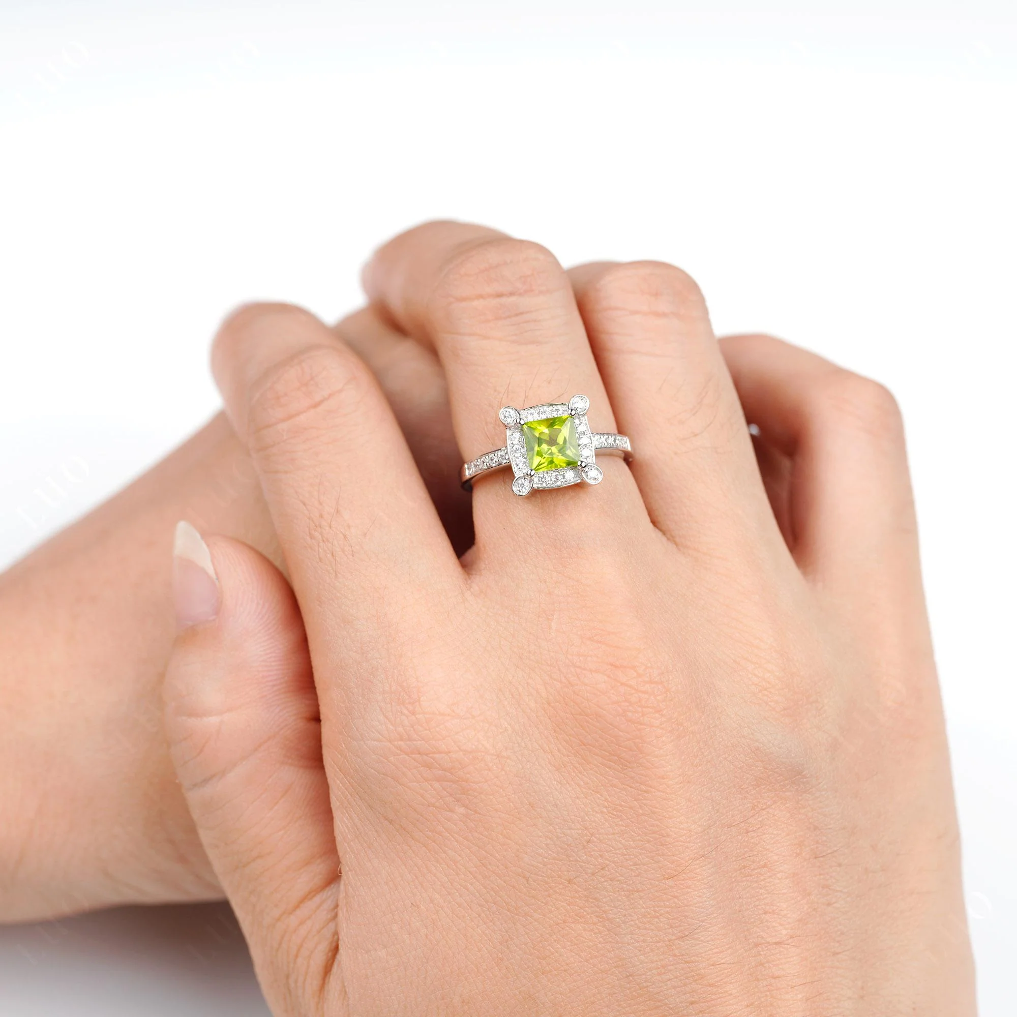 Princess Cut Peridot Halo Statement Ring - Image 5