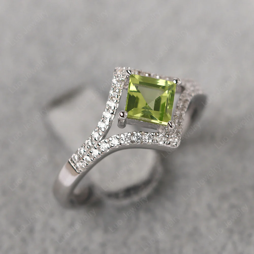Square Cut Peridot Kite Set Halo Ring - Image 2