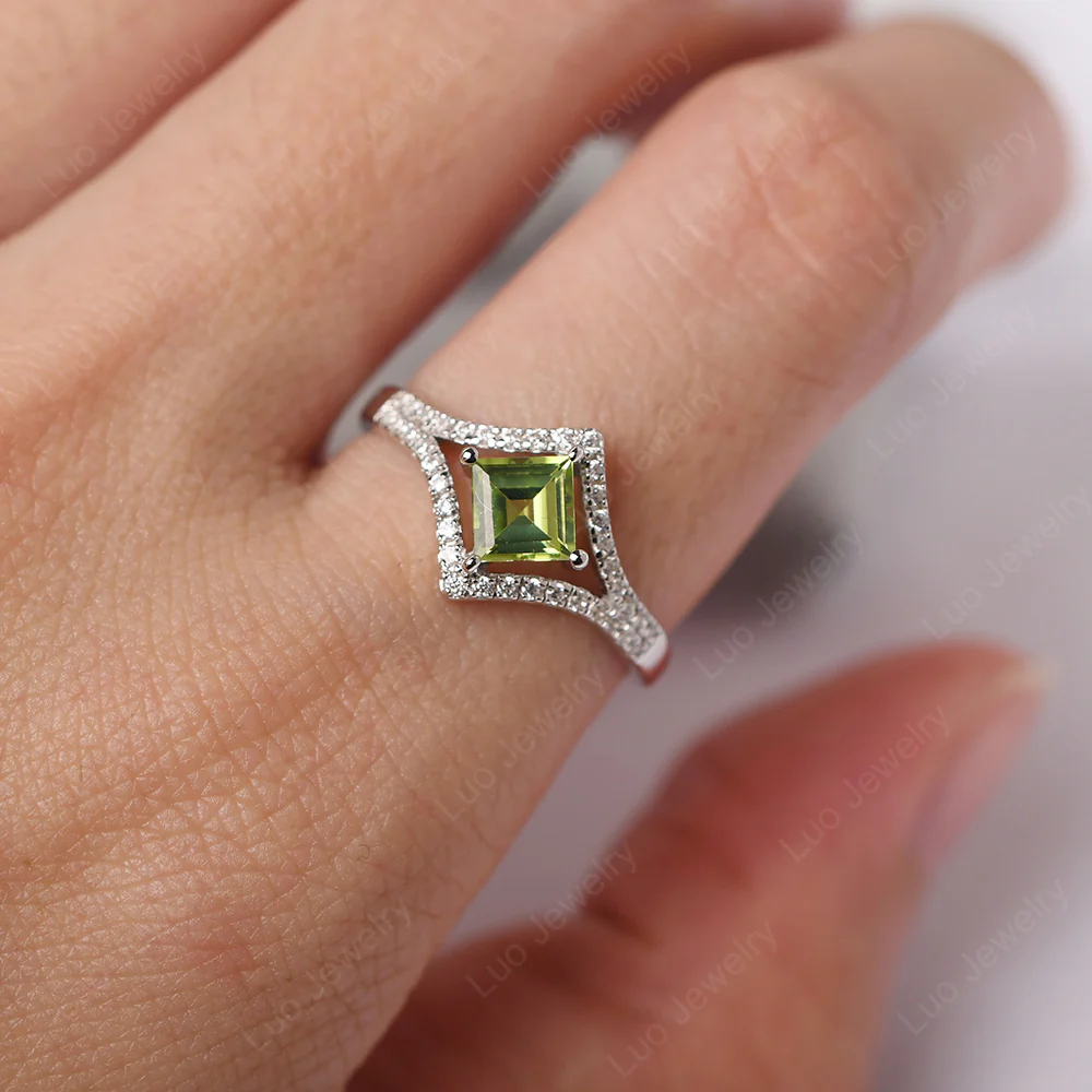 Square Cut Peridot Kite Set Halo Ring - Image 6