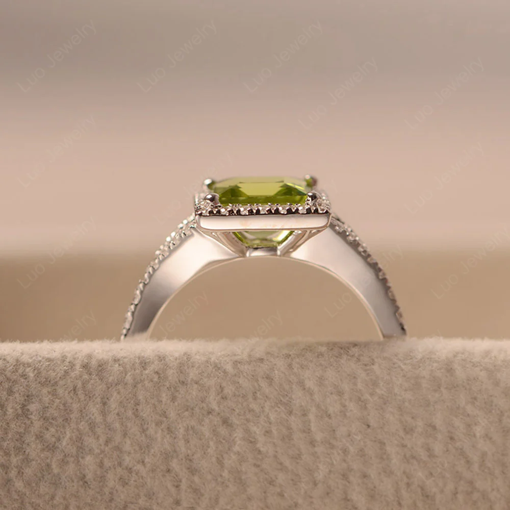 Square Cut Peridot Split Shank Halo Ring - Image 4