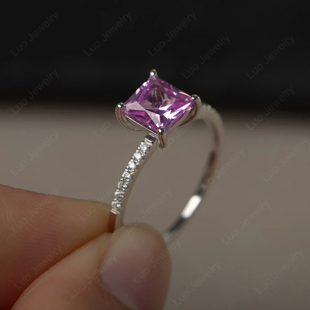 Princess Cut Pink Sapphire Ring with Thin Band - Image 2