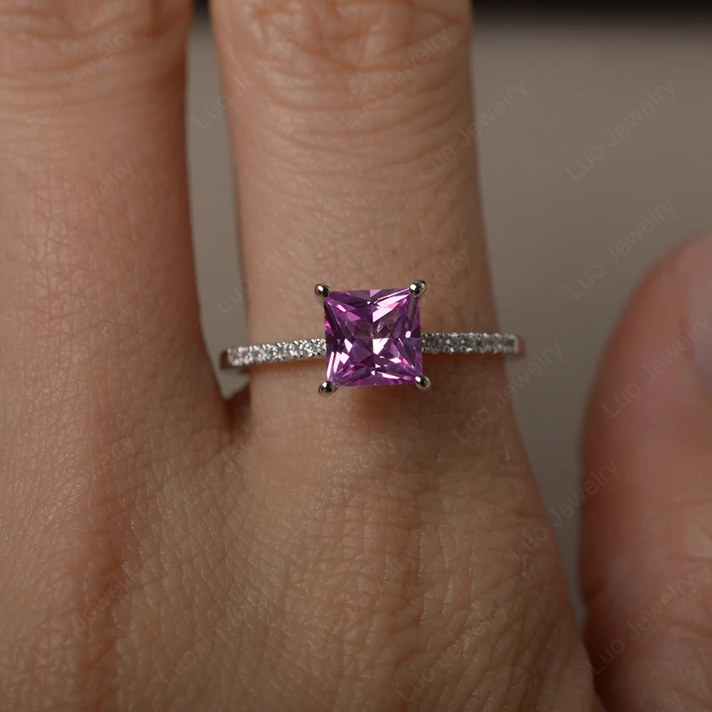 Princess Cut Pink Sapphire Ring with Thin Band - Image 4