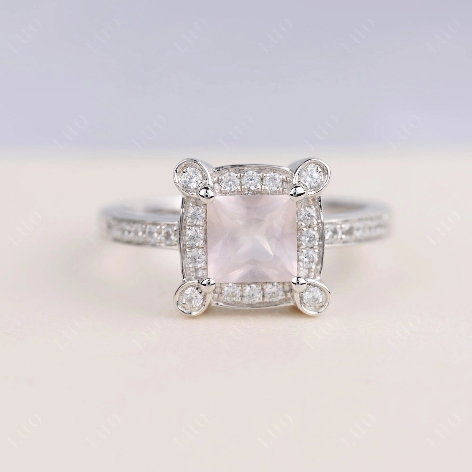 Princess Cut Rose Quartz Halo Statement Ring