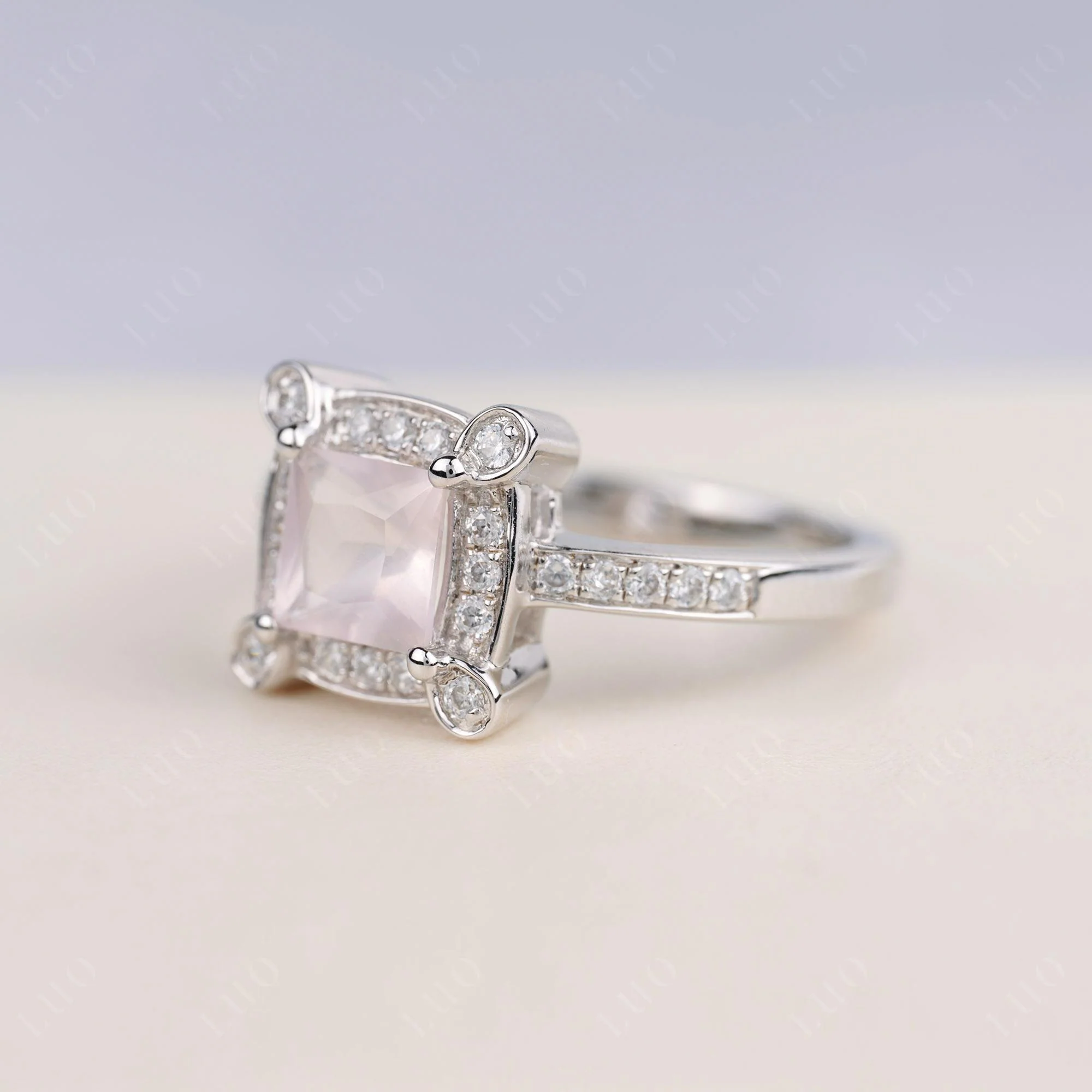 Princess Cut Rose Quartz Halo Statement Ring - Image 2