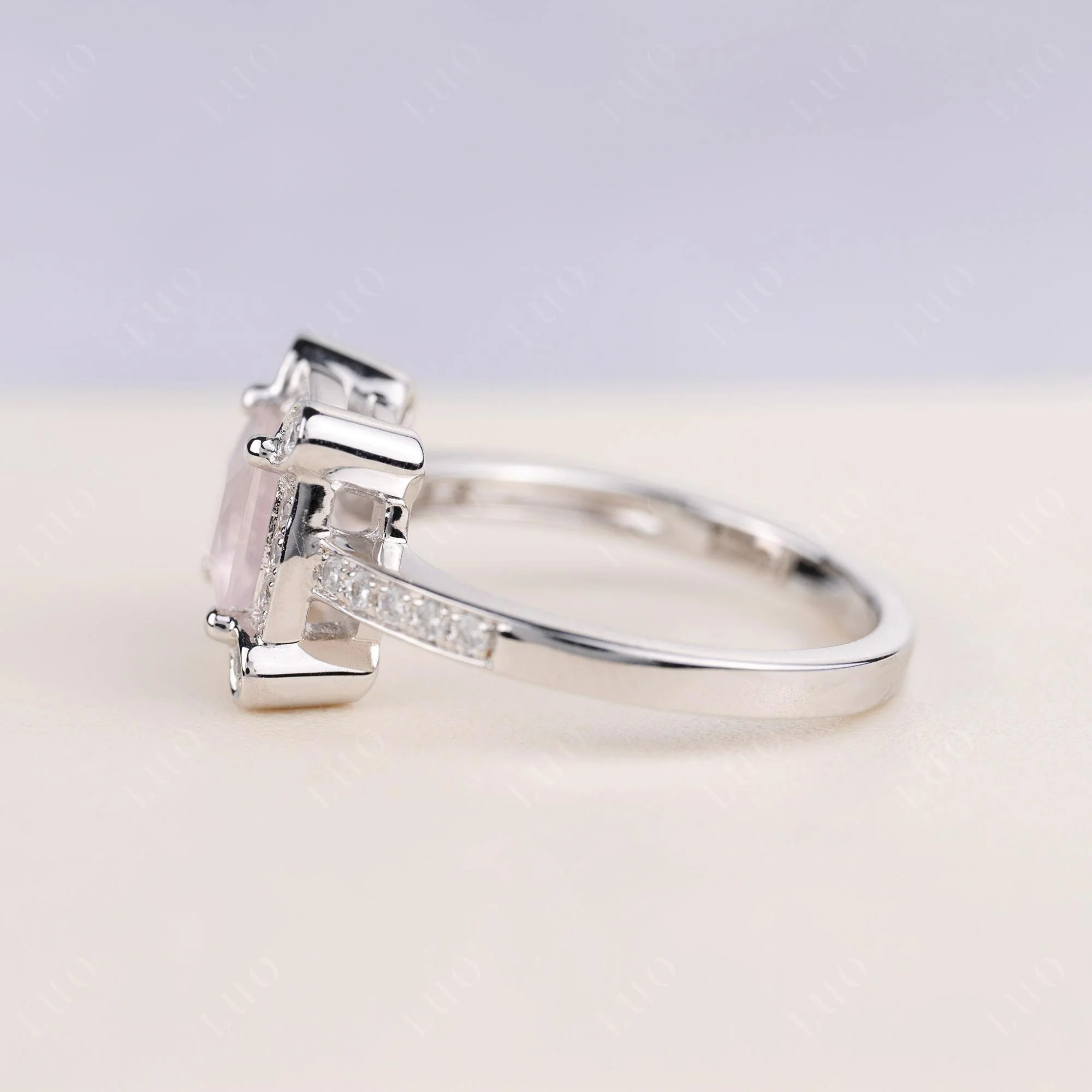 Princess Cut Rose Quartz Halo Statement Ring - Image 3