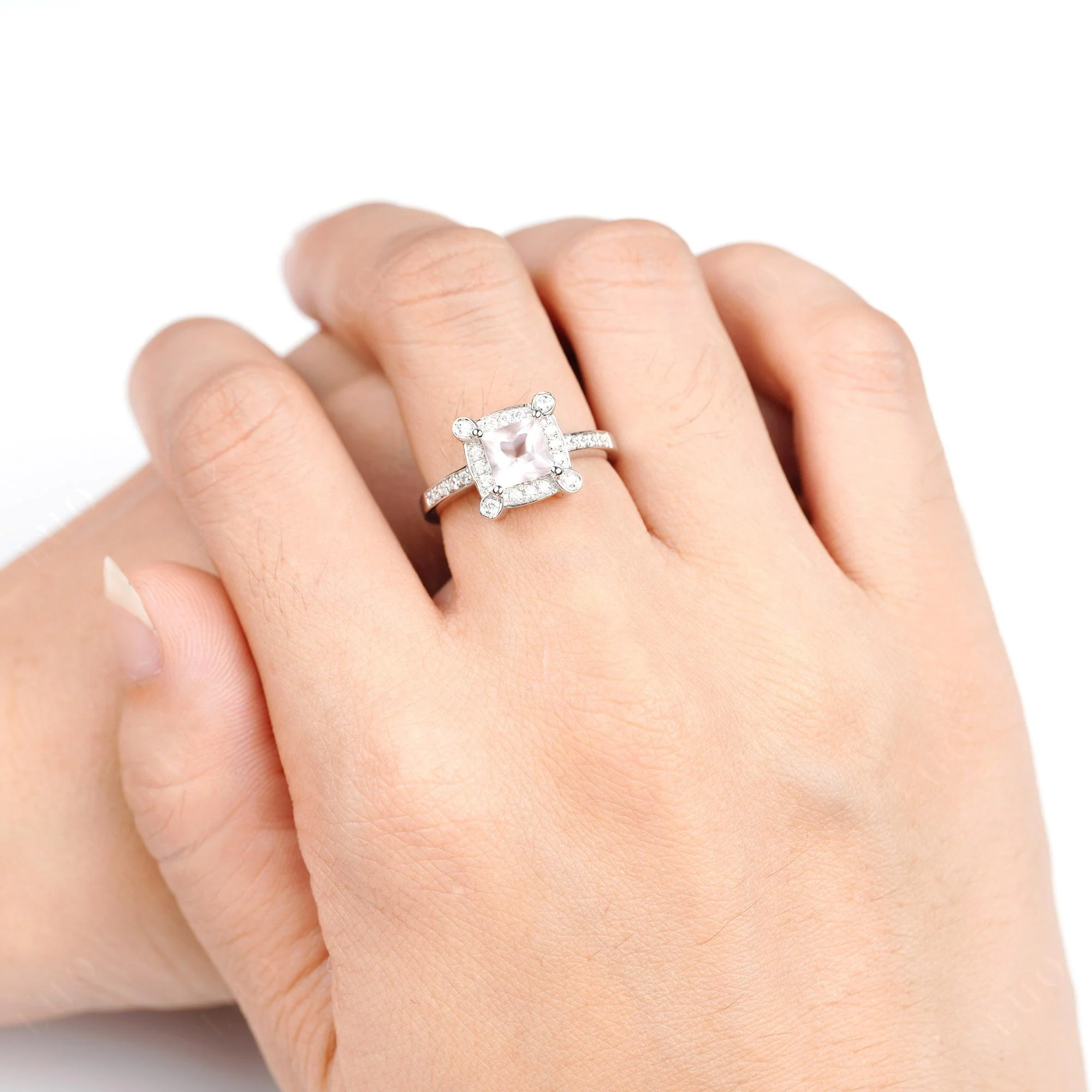 Princess Cut Rose Quartz Halo Statement Ring - Image 5