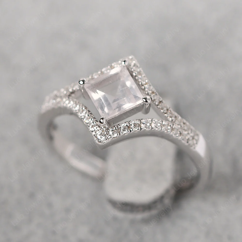 Square Cut Rose Quartz Kite Set Halo Ring - Image 2