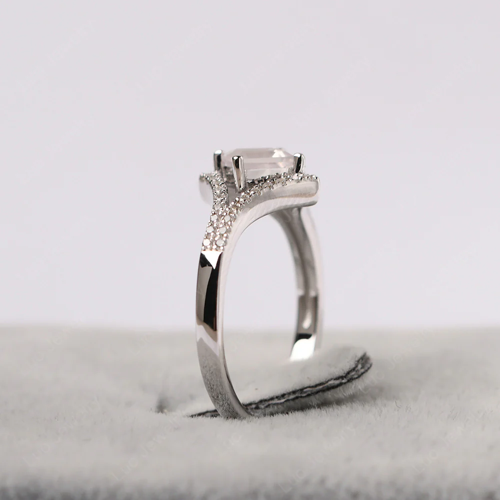 Square Cut Rose Quartz Kite Set Halo Ring - Image 4