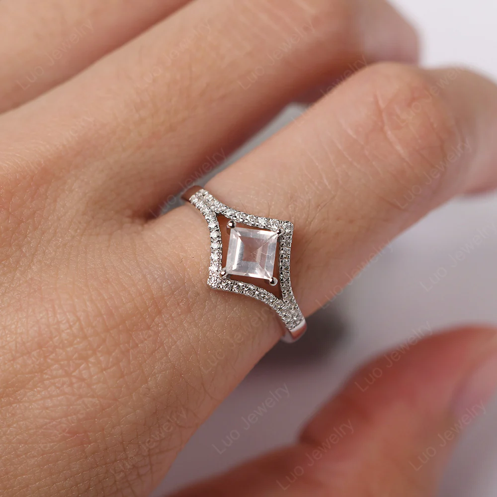 Square Cut Rose Quartz Kite Set Halo Ring - Image 5