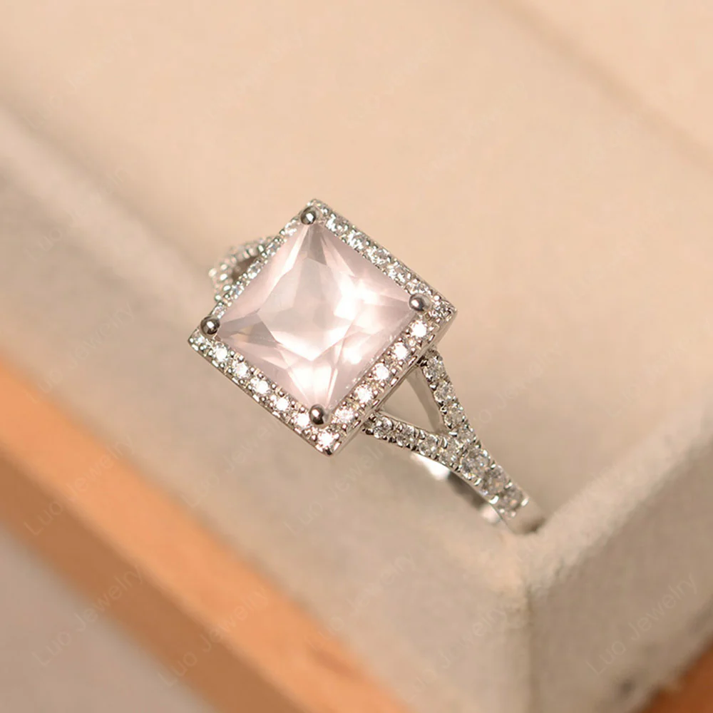 Princess Cut Rose Quartz Split Shank Halo Ring - Image 2