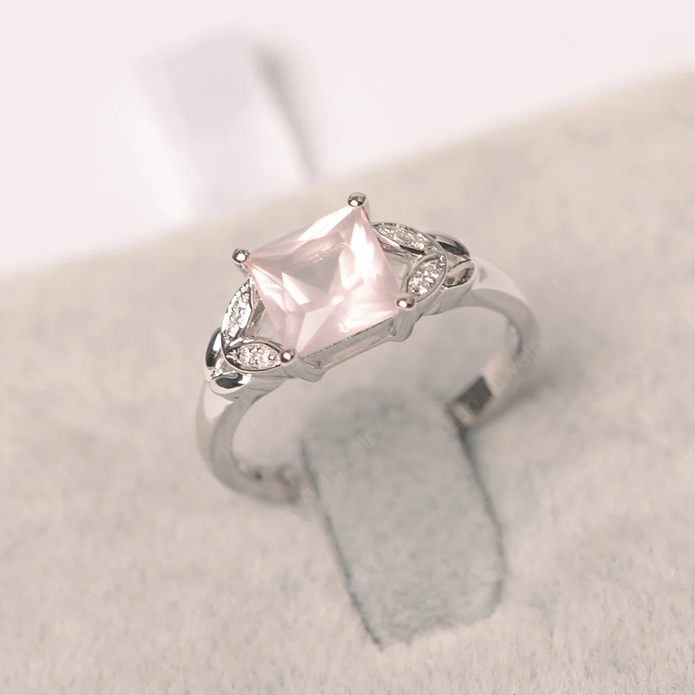 Princess Cut Rose Quartz Leaf Ring