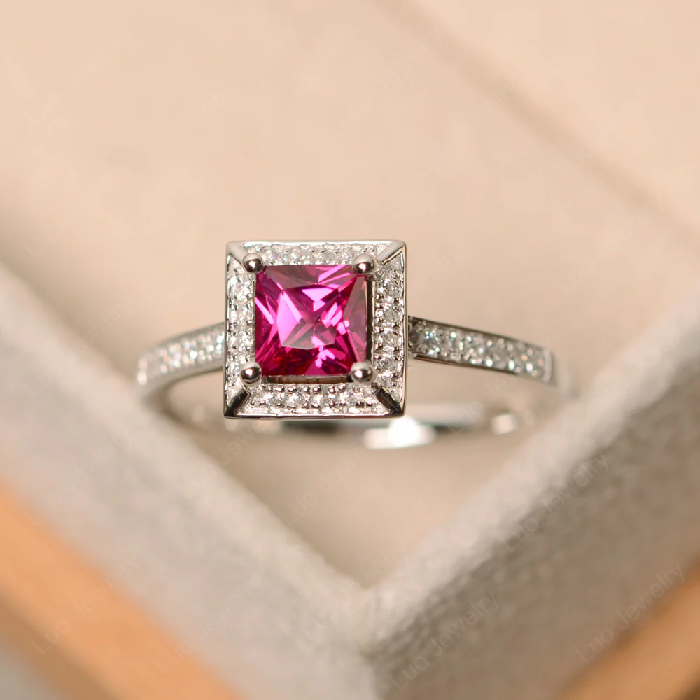 Princess Cut Ruby Halo Ring