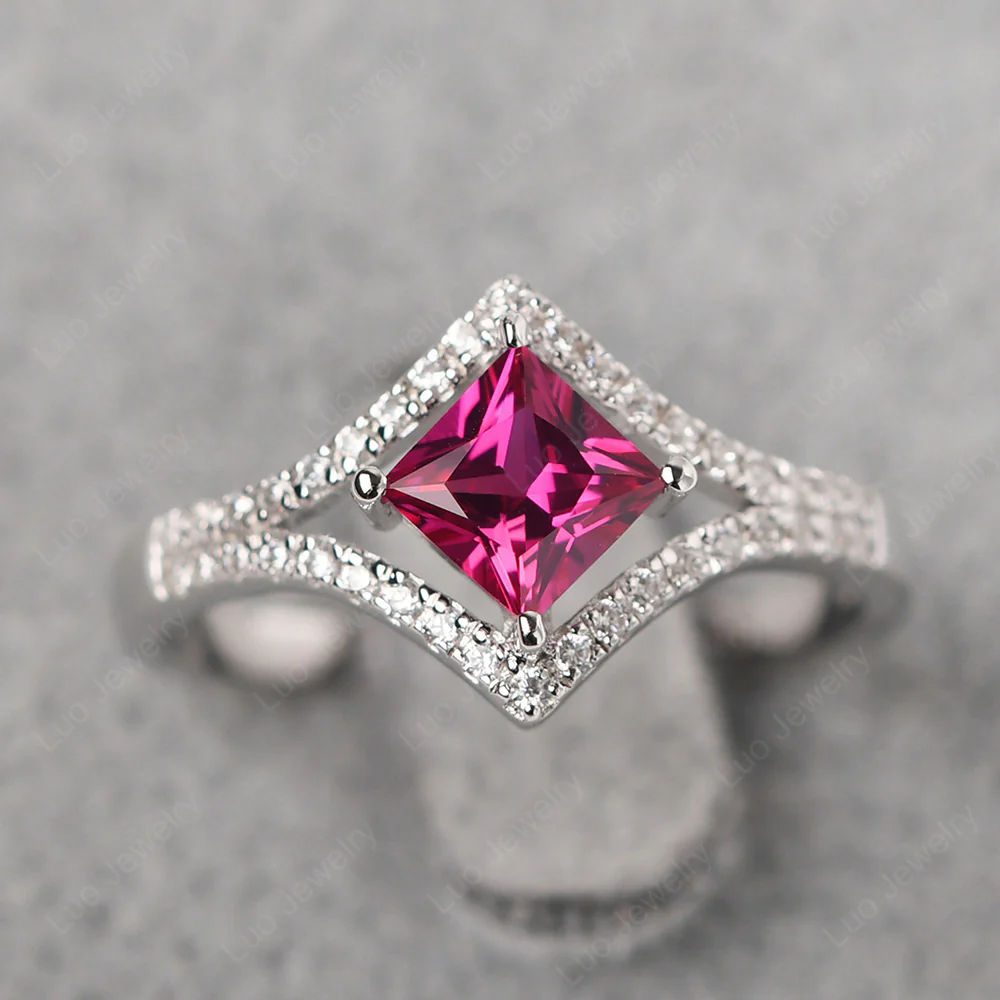 Princess Cut Ruby Kite Set Halo Ring