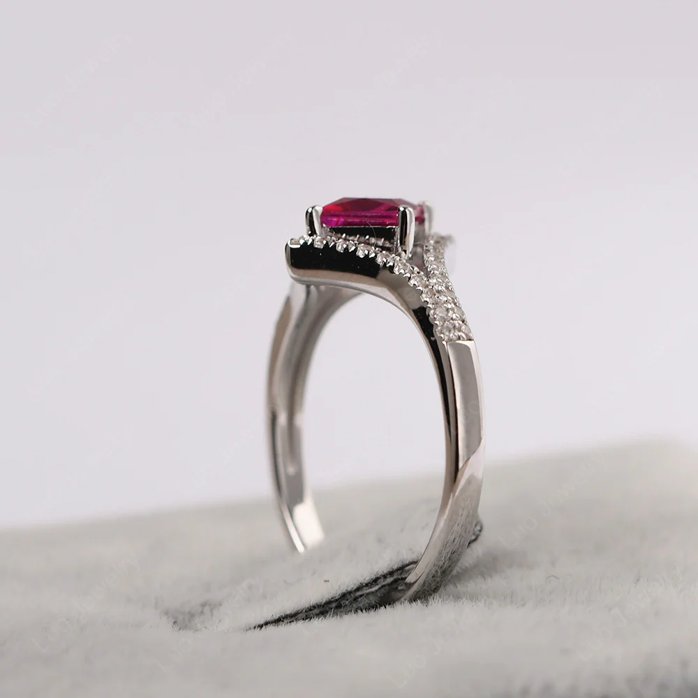 Princess Cut Ruby Kite Set Halo Ring - Image 5