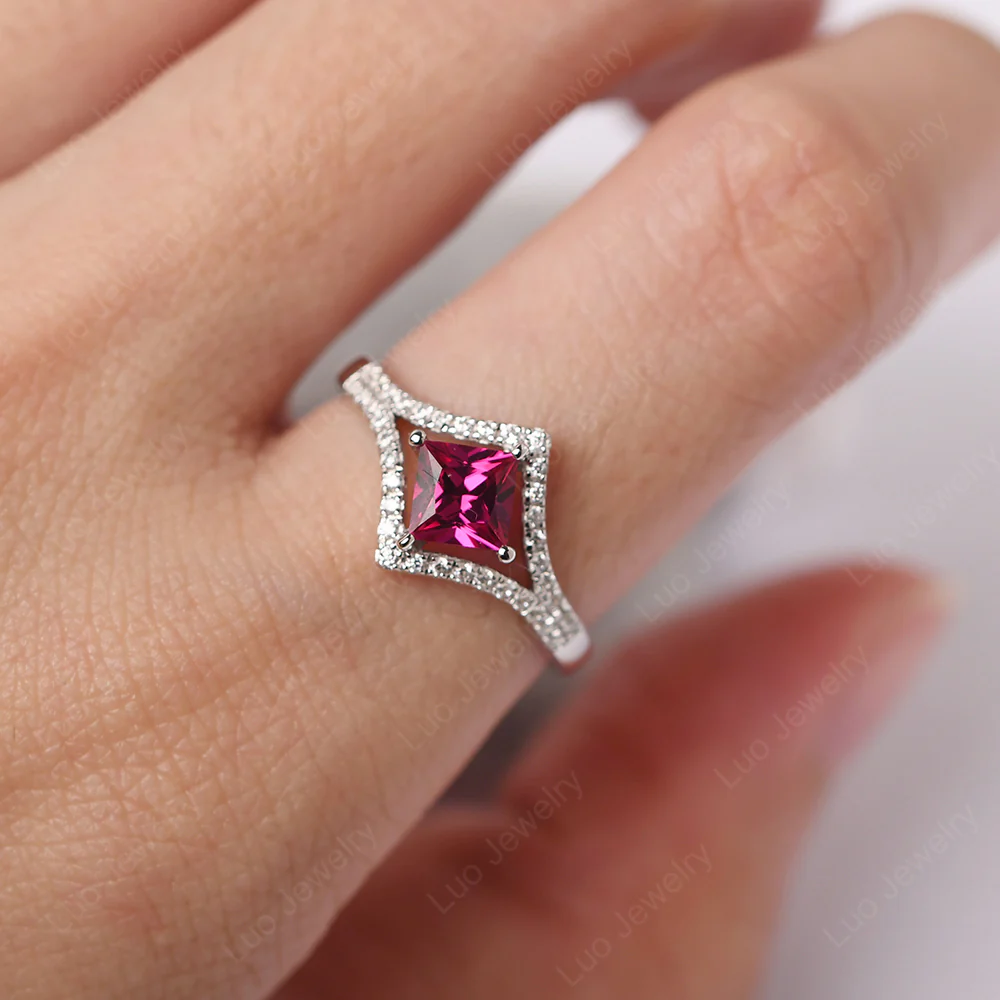 Princess Cut Ruby Kite Set Halo Ring - Image 6