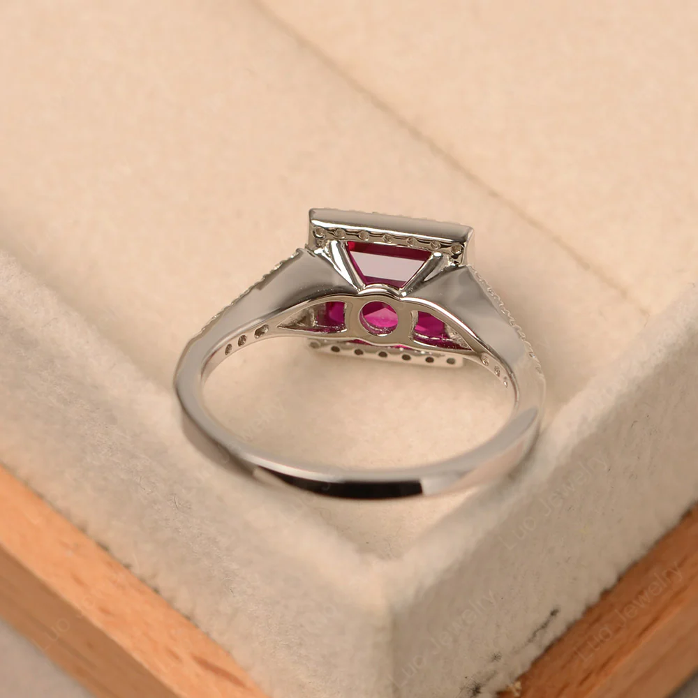 Square Cut Ruby Split Shank Halo Ring - Image 3