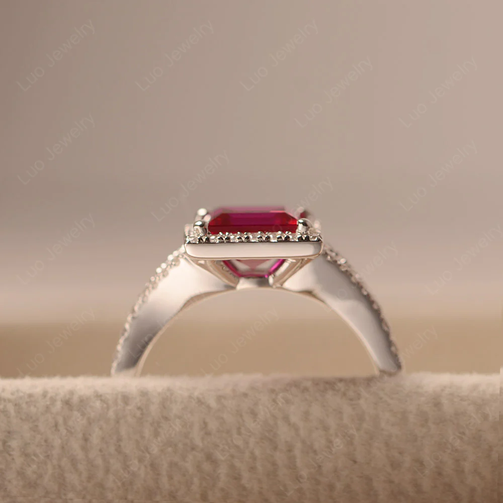 Square Cut Ruby Split Shank Halo Ring - Image 4