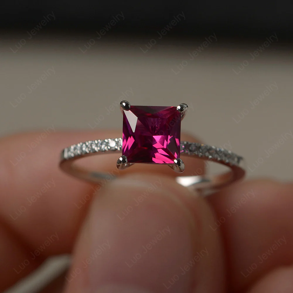 Princess Cut Ruby Ring with Thin Band