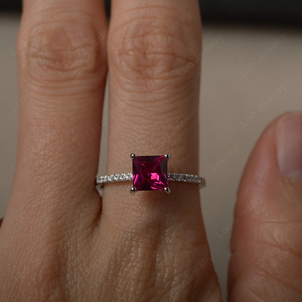 Princess Cut Ruby Ring with Thin Band - Image 4