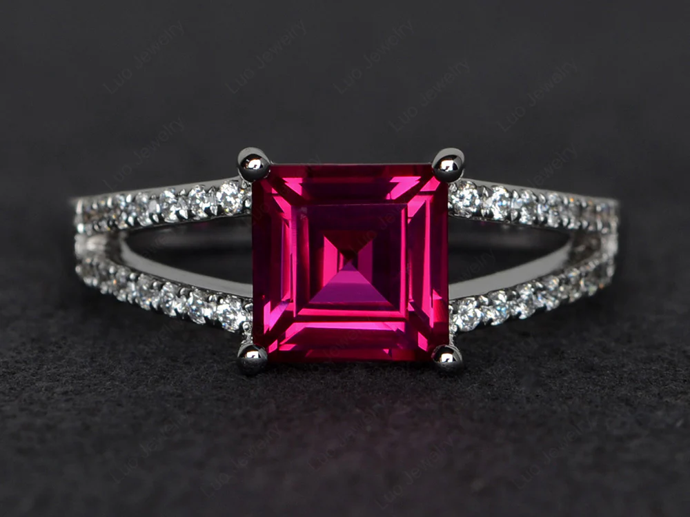 Square Cut Ruby Split Shank Ring