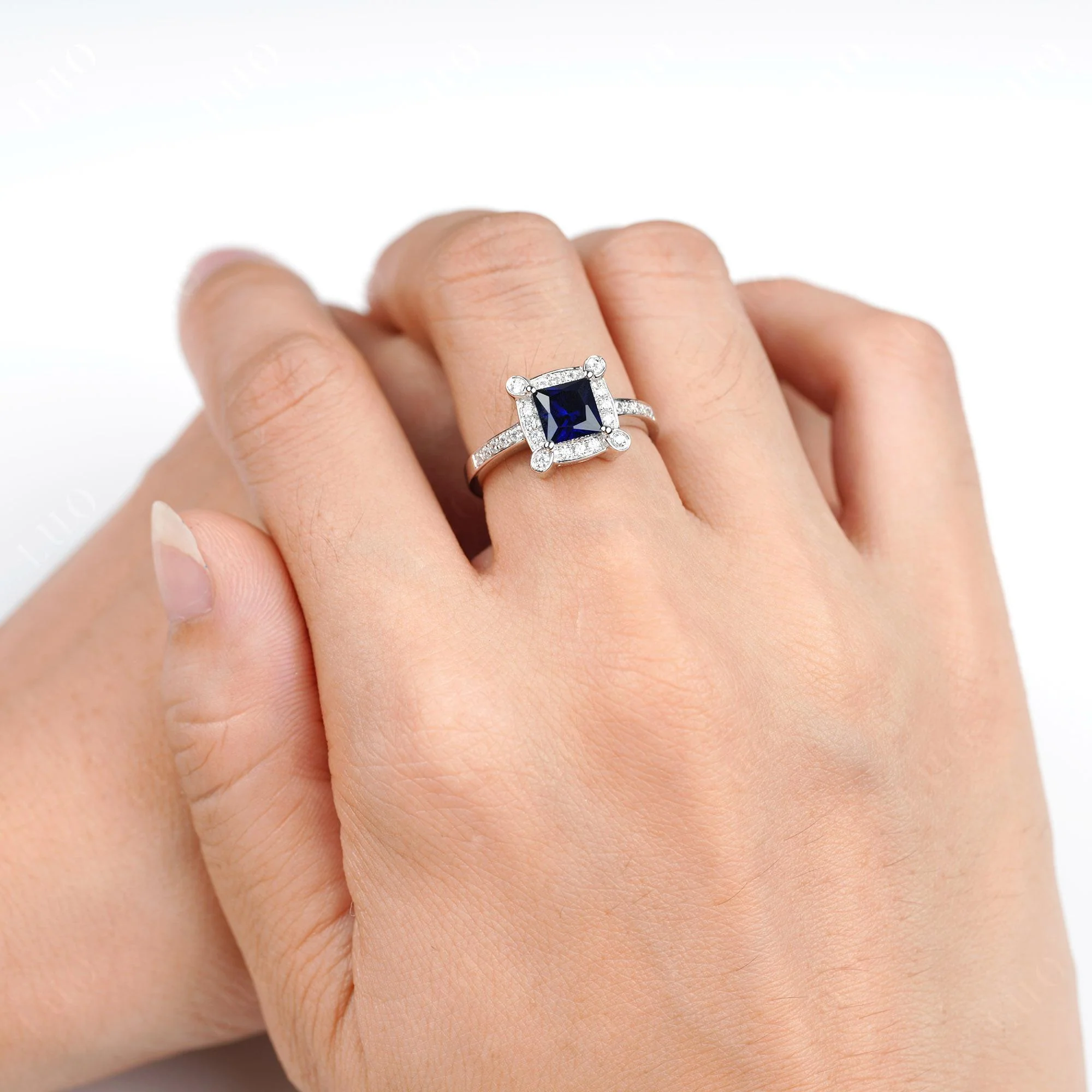 Princess Cut Sapphire Halo Statement Ring - Image 5