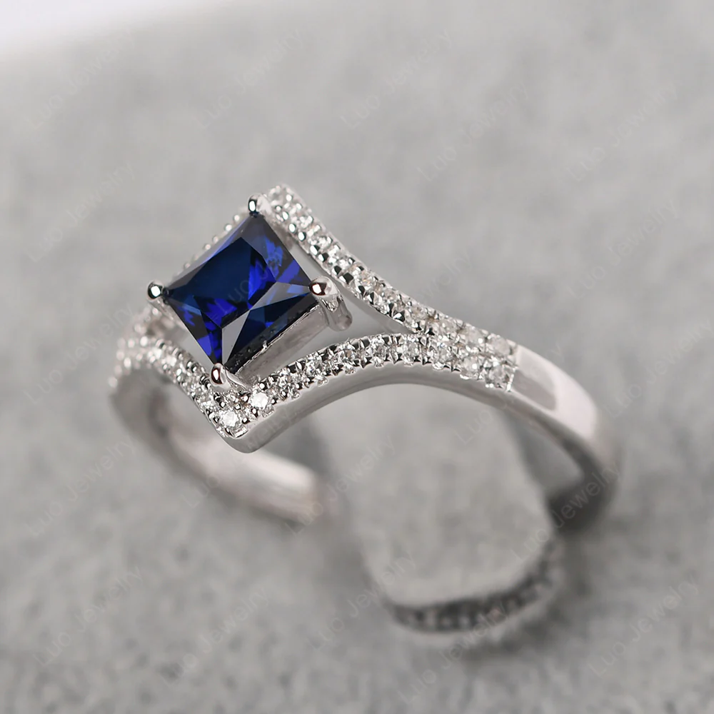 Princess Cut Sapphire Kite Set Halo Ring - Image 2