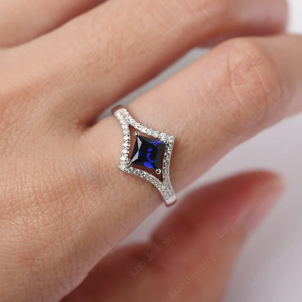 Princess Cut Sapphire Kite Set Halo Ring - Image 5