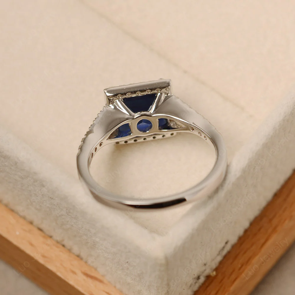 Square Cut Sapphire Split Shank Halo Ring - Image 3