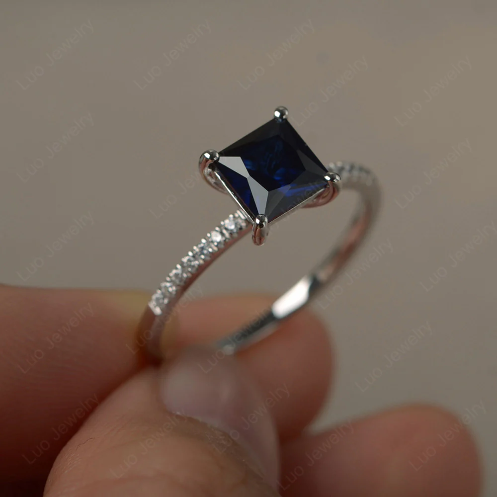 Princess Cut Sapphire Ring with Thin Band - Image 2