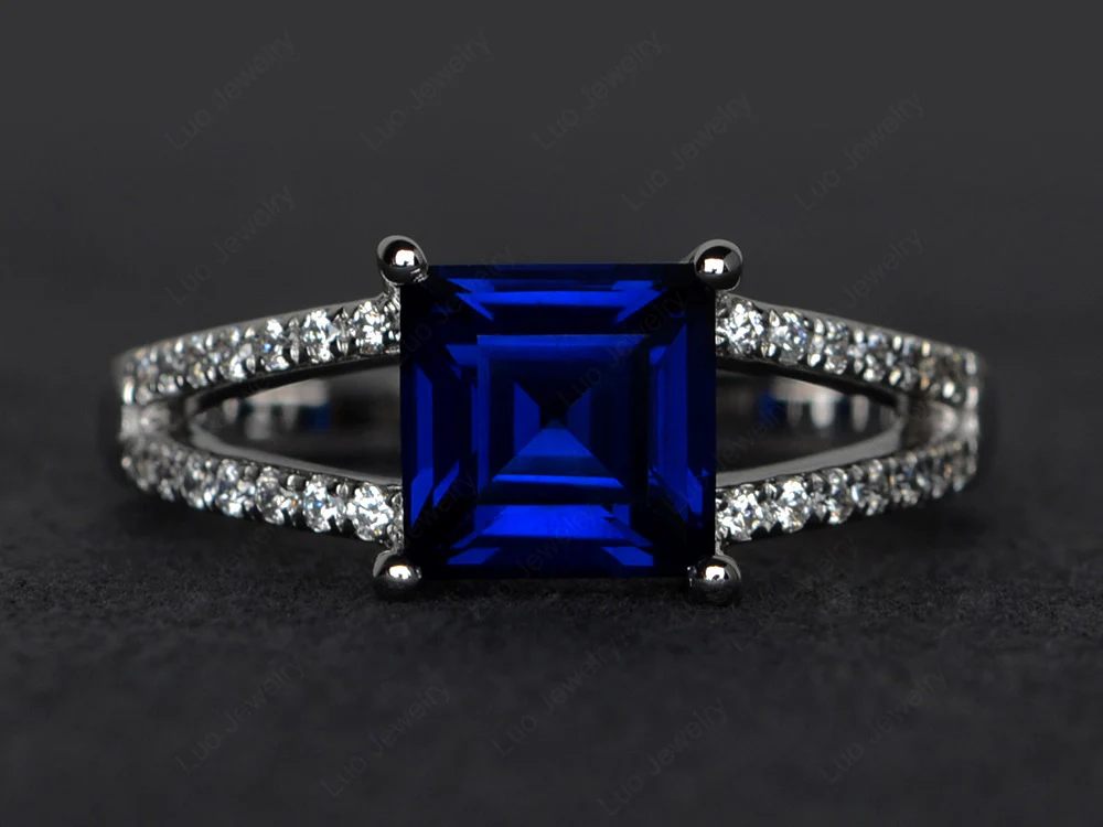 Square Cut Sapphire Split Shank Ring