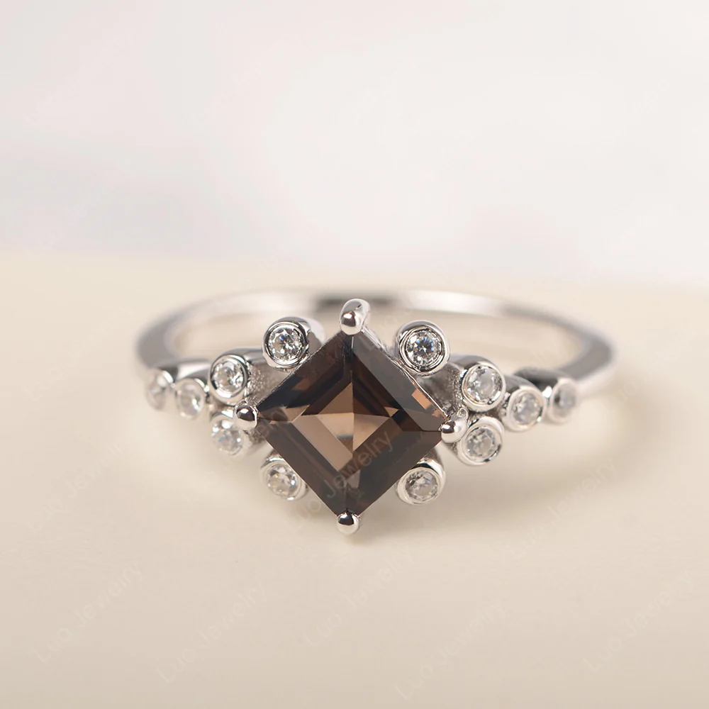 Square Smoky Quartz Cluster Engagement Ring
