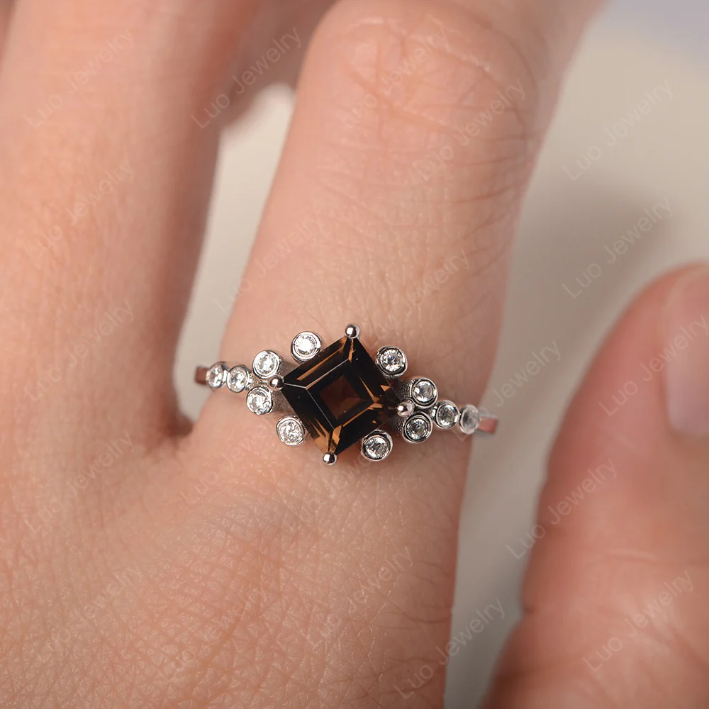 Square Smoky Quartz Cluster Engagement Ring - Image 5