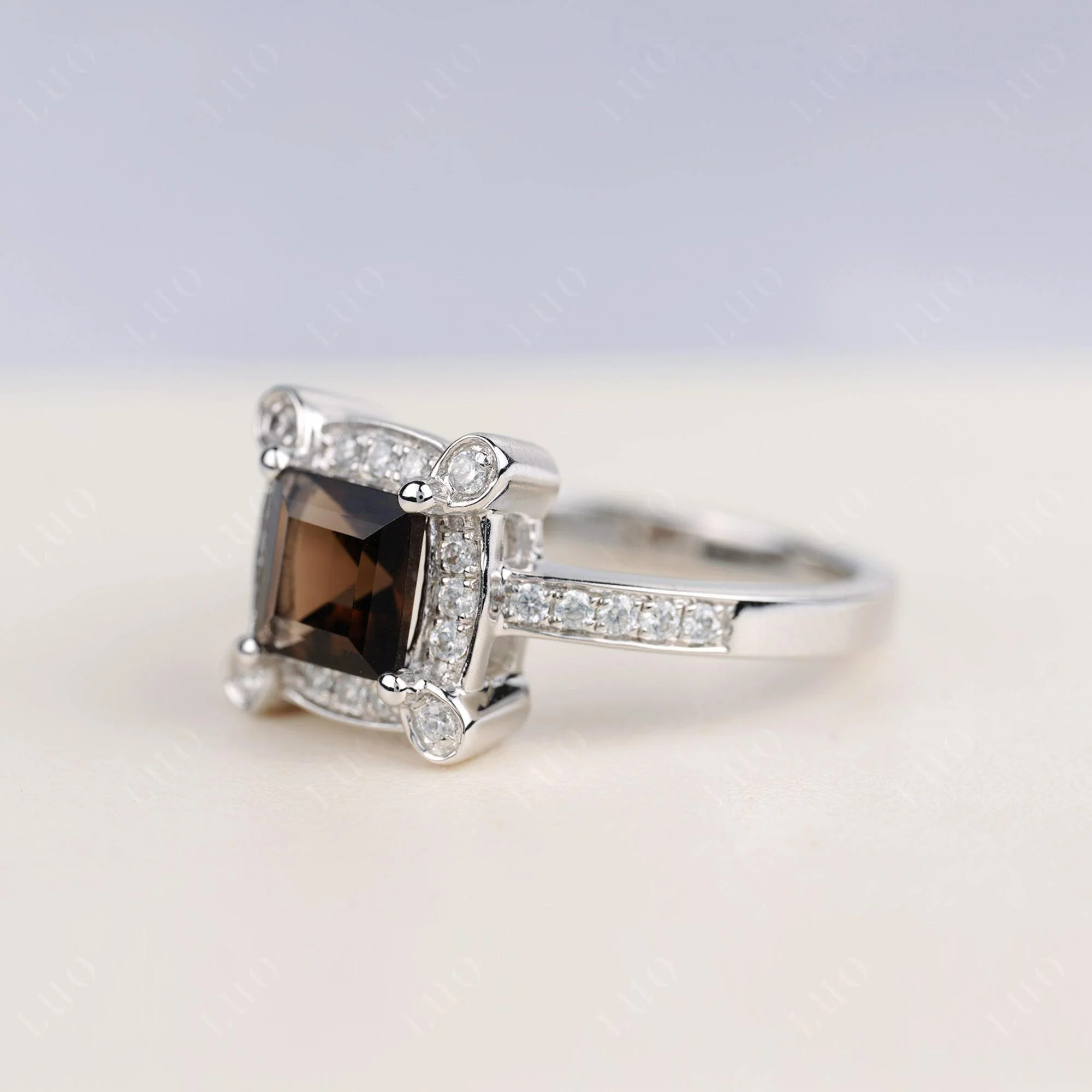 Princess Cut Smoky Quartz Halo Statement Ring - Image 2