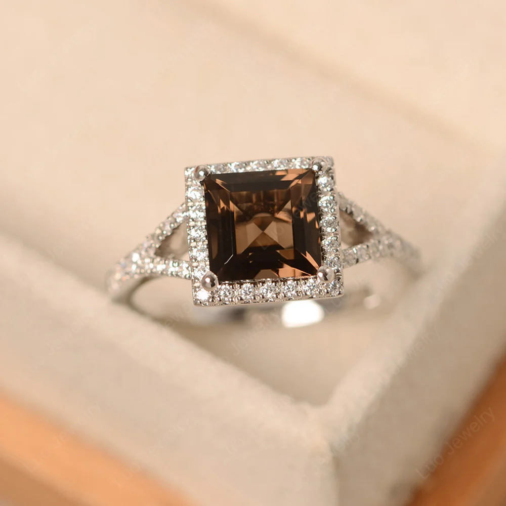 Square Cut Smoky Quartz Split Shank Halo Ring