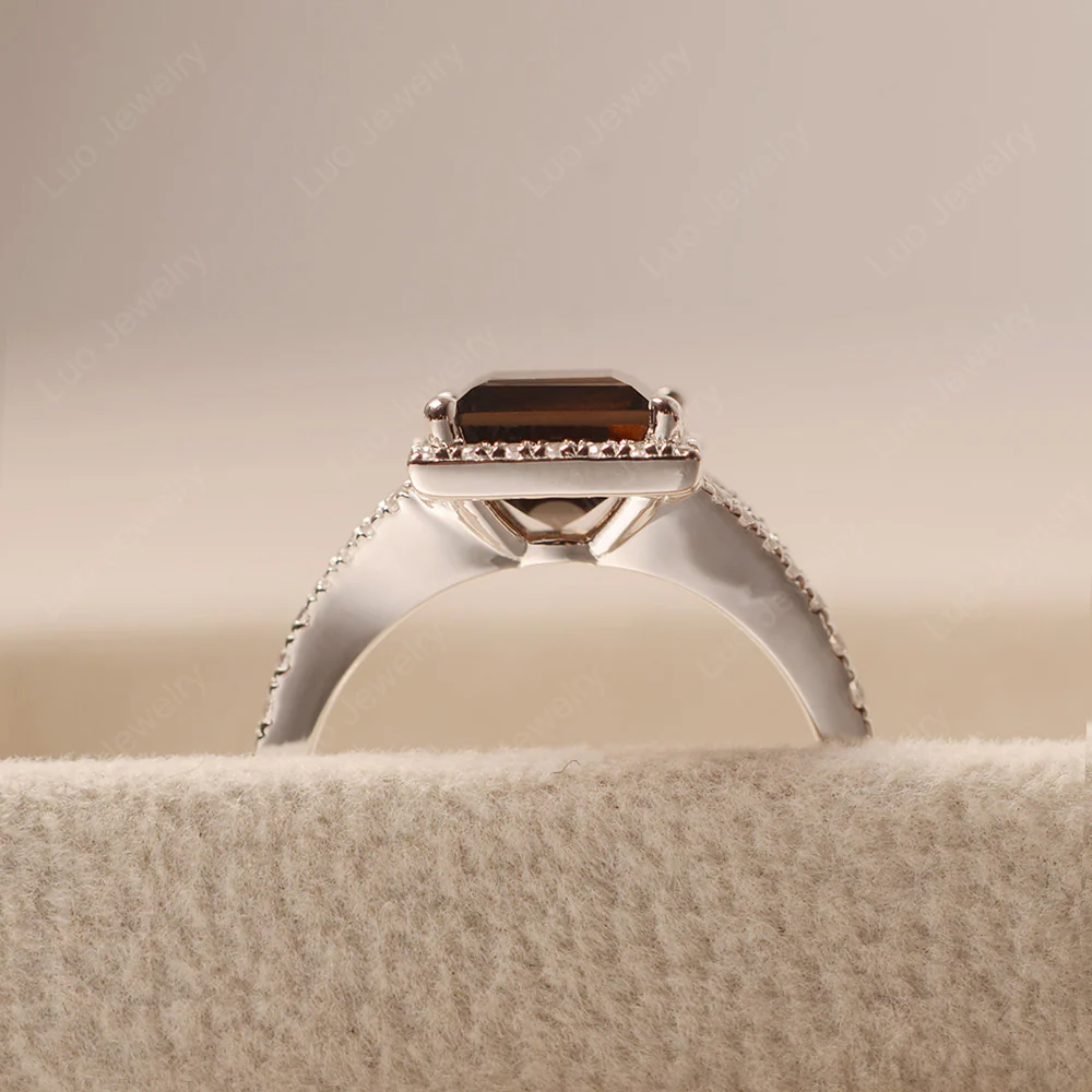 Square Cut Smoky Quartz Split Shank Halo Ring - Image 4