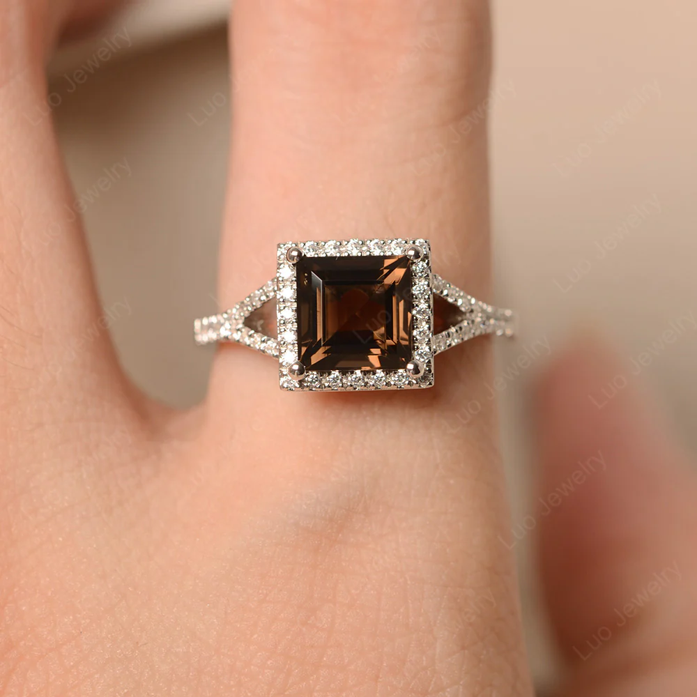 Square Cut Smoky Quartz Split Shank Halo Ring - Image 5