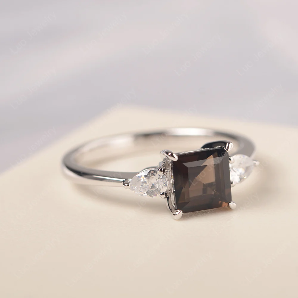 Square Cut Smoky Quartz Ring with Pear Side Stone - Image 2