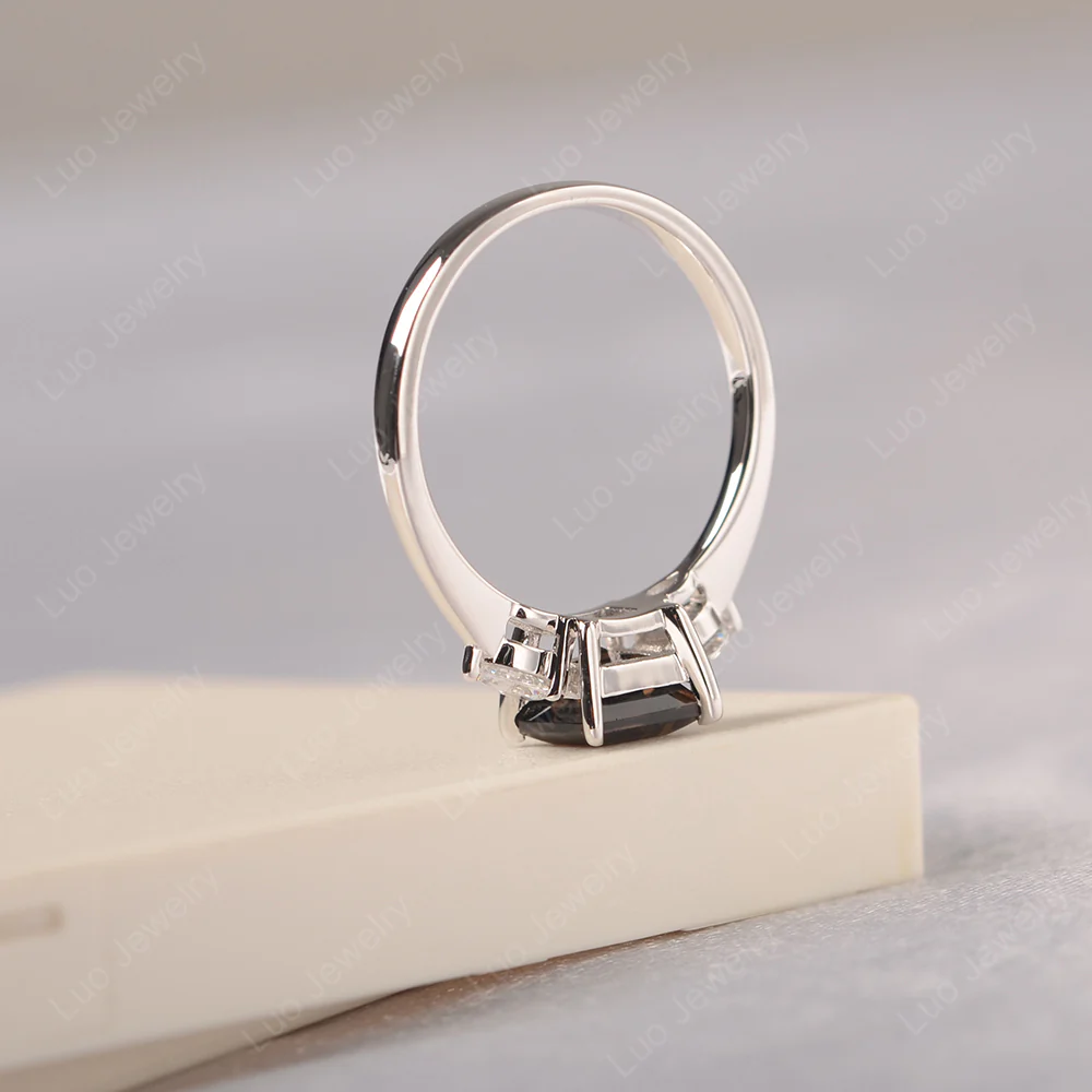 Square Cut Smoky Quartz Ring with Pear Side Stone - Image 4