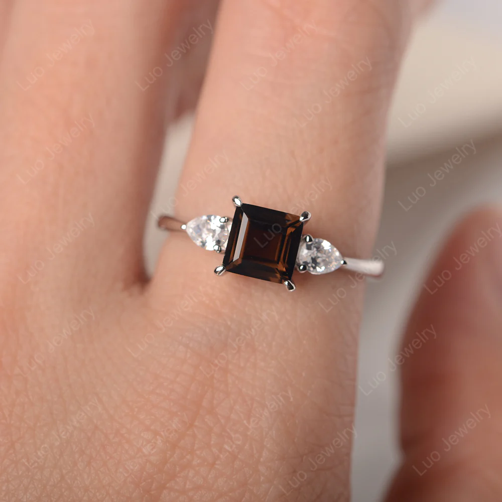 Square Cut Smoky Quartz Ring with Pear Side Stone - Image 5