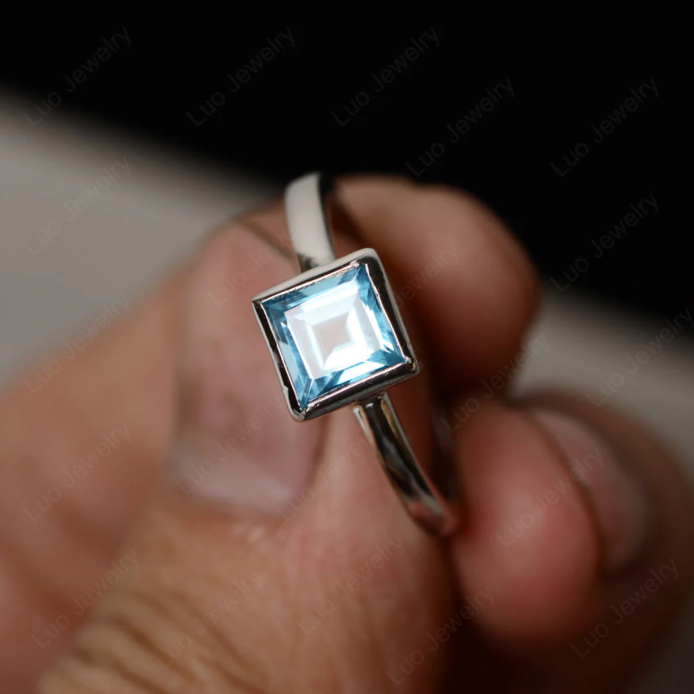 Square Cut Swiss Blue Topaz Bezel Setting Ring