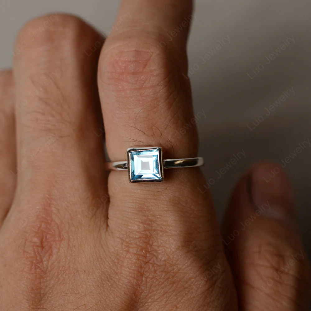 Square Cut Swiss Blue Topaz Bezel Setting Ring - Image 2