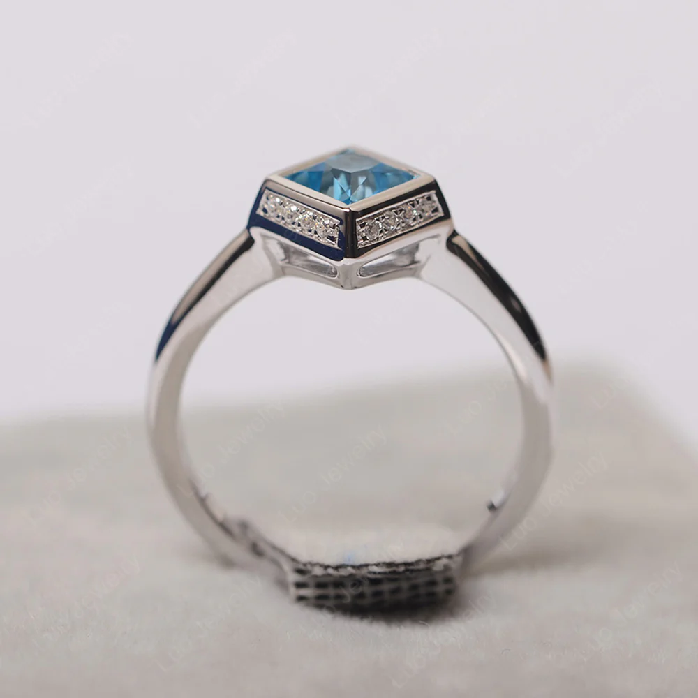Swiss Blue Topaz Bezel Halo Engagement Ring - Image 3