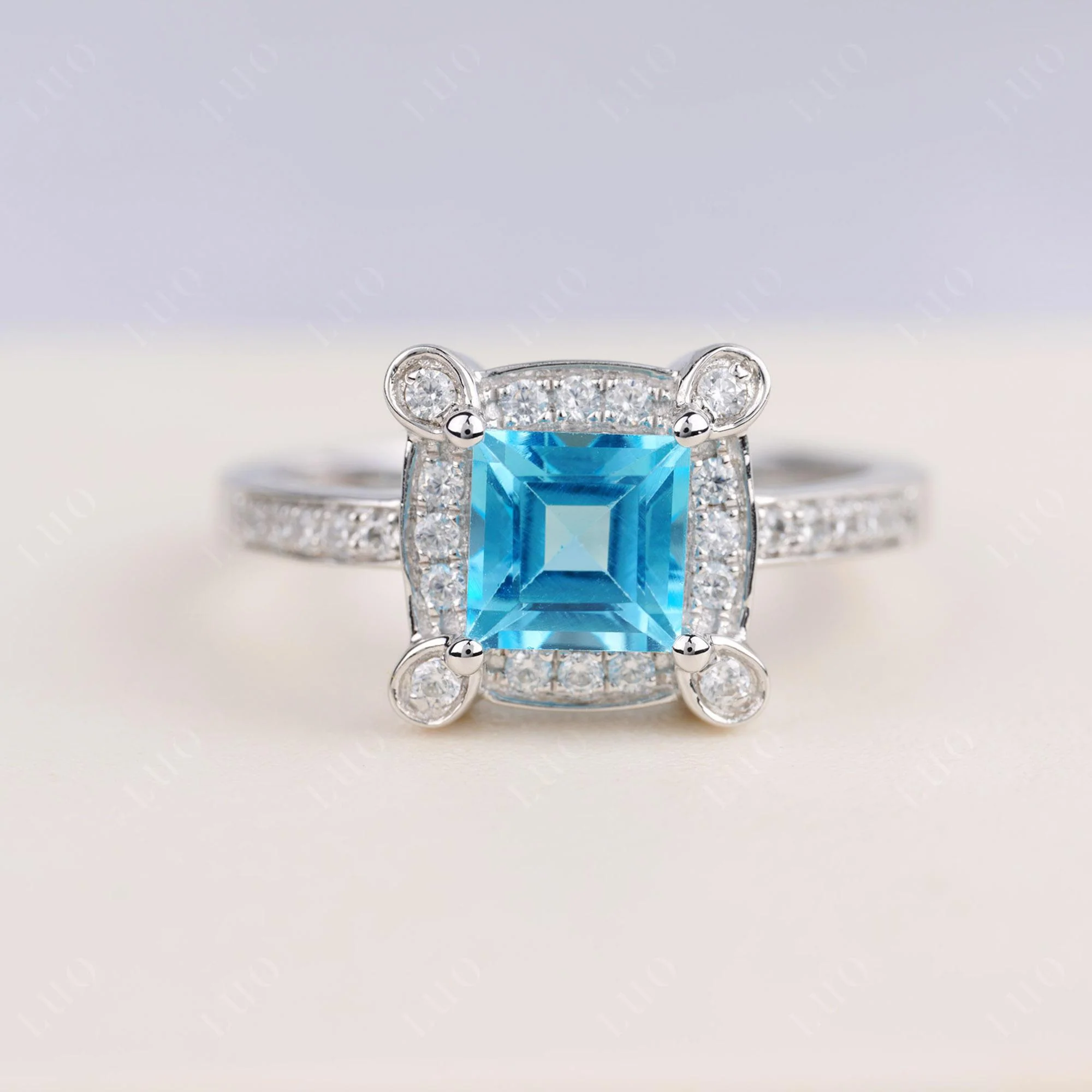 Princess Cut Swiss Blue Topaz Halo Statement Ring