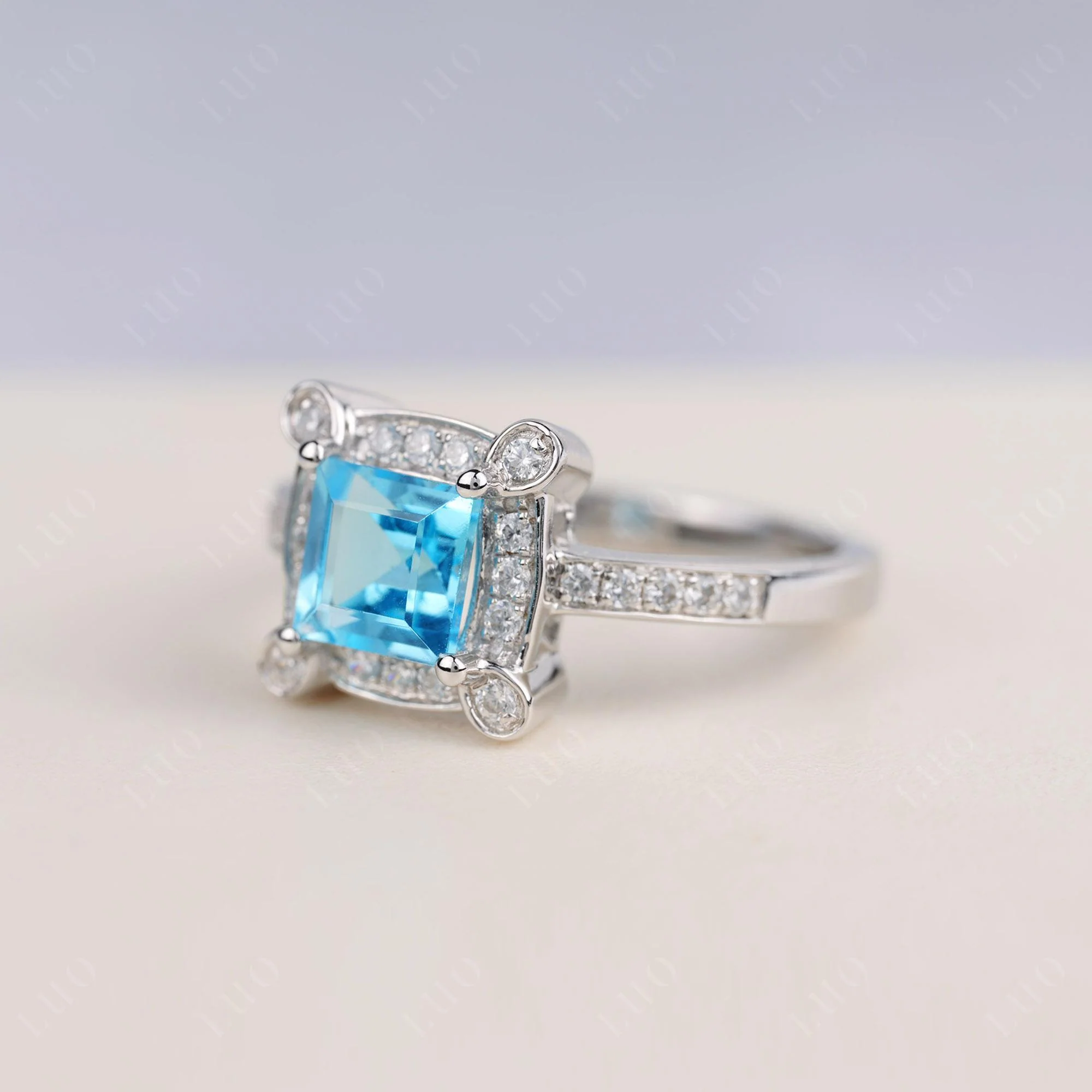 Princess Cut Swiss Blue Topaz Halo Statement Ring - Image 2