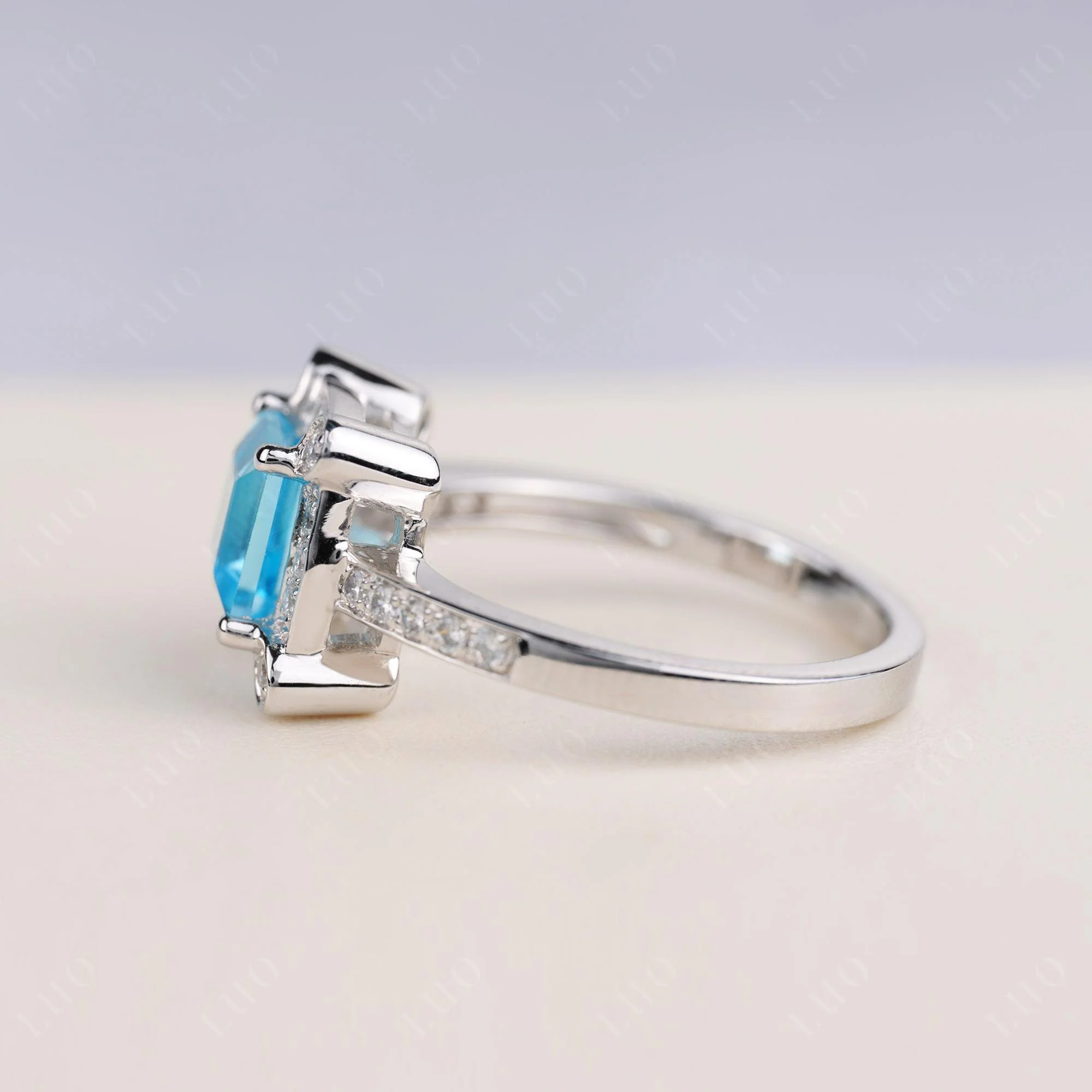 Princess Cut Swiss Blue Topaz Halo Statement Ring - Image 3