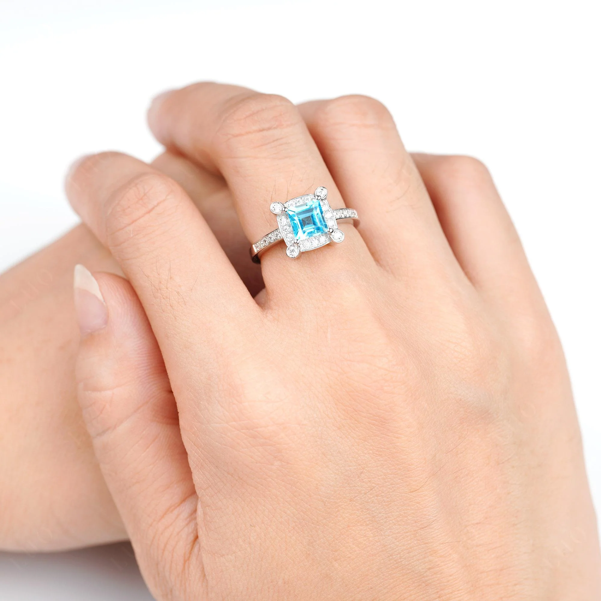 Princess Cut Swiss Blue Topaz Halo Statement Ring - Image 5